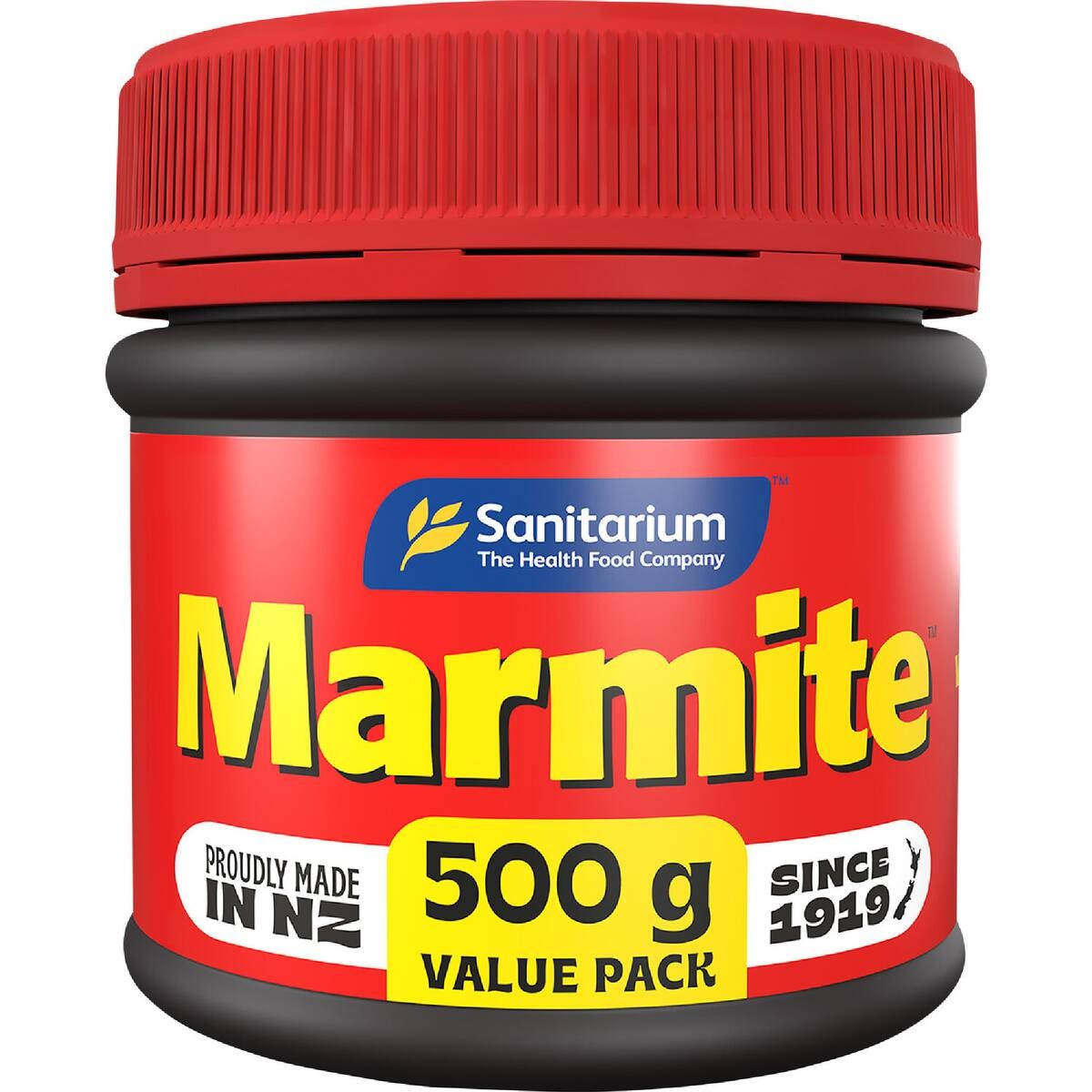 Sanitarium Marmite 500g jar of authentic New Zealand yeast spread high in B vitamins and folate.