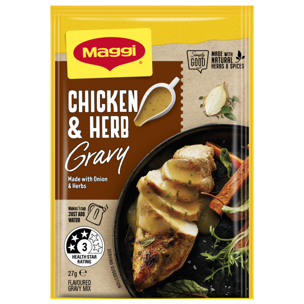 Maggi Chicken & Herb Gravy packet with chicken dish on label