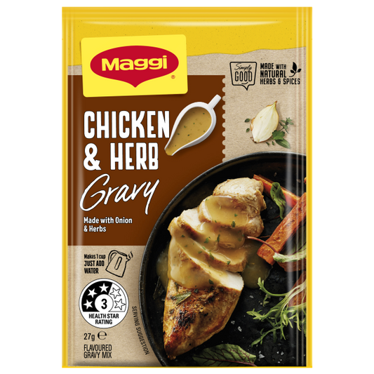 Maggi Chicken & Herb Gravy packet with chicken dish on label