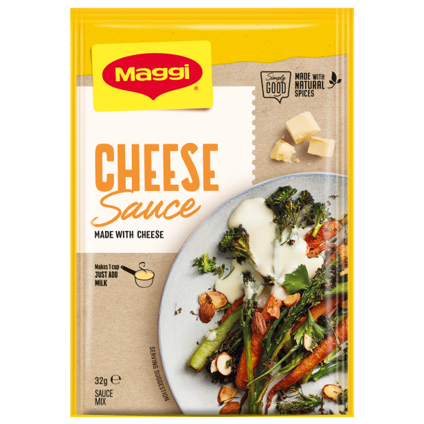 Maggi Cheese Sauce packet with a plate of vegetables and cheese on a white background