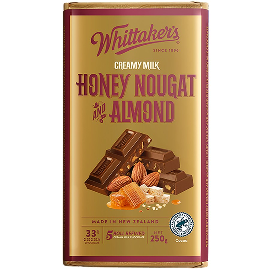 Whittaker’s Honey Nougat & Almond Chocolate Block 250g – creamy New Zealand milk chocolate with honey nougat and almonds, gold and brown packaging, available in the USA.