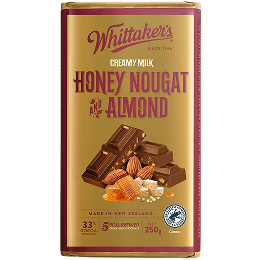 Whittaker’s Honey Nougat & Almond Chocolate Block 250g – creamy New Zealand milk chocolate with honey nougat and almonds, gold and brown packaging, available in the USA.