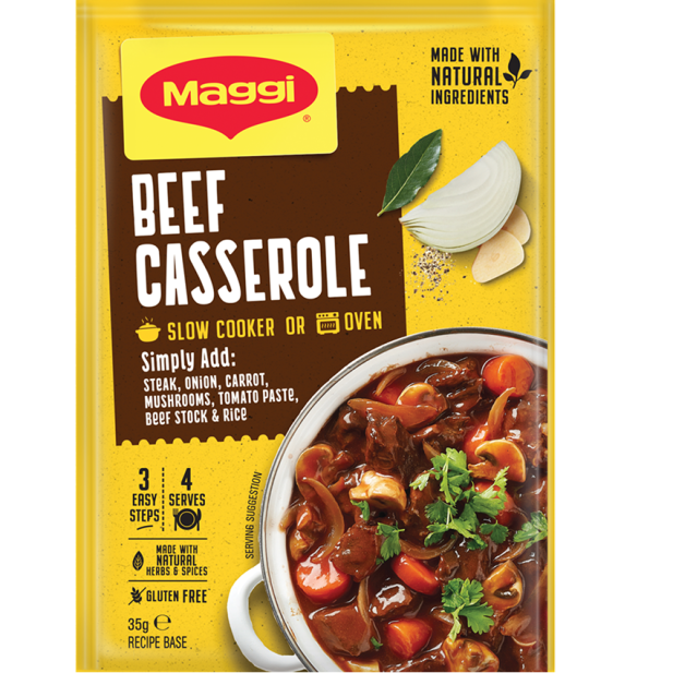 Maggi Beef Casserole packet with a bowl of casserole on a yellow background