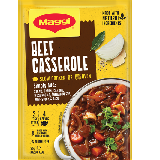 Maggi Beef Casserole packet with a bowl of casserole on a yellow background