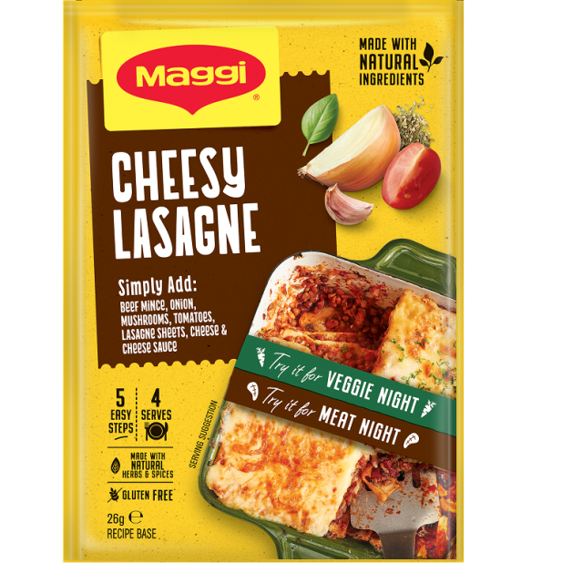 Maggi Cheesy Lasagne packaging with ingredients and branding details.