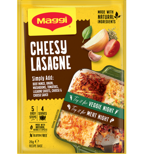 Maggi Cheesy Lasagne packaging with ingredients and branding details.