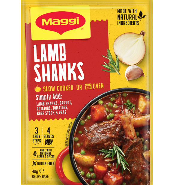 Maggi lamb shanks packaging with ingredients and cooking instructions.