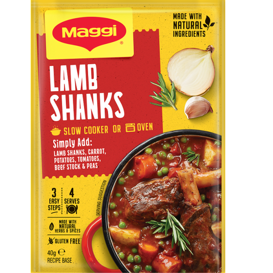 Maggi lamb shanks packaging with ingredients and cooking instructions.