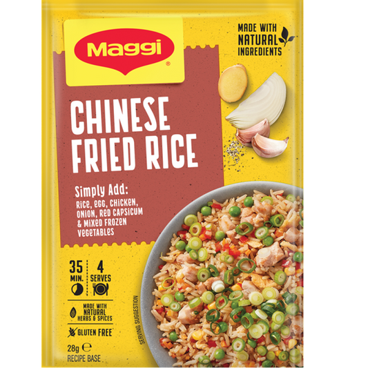 Maggi Chinese Fried Rice packaging with a bowl of rice and vegetables on a yellow background