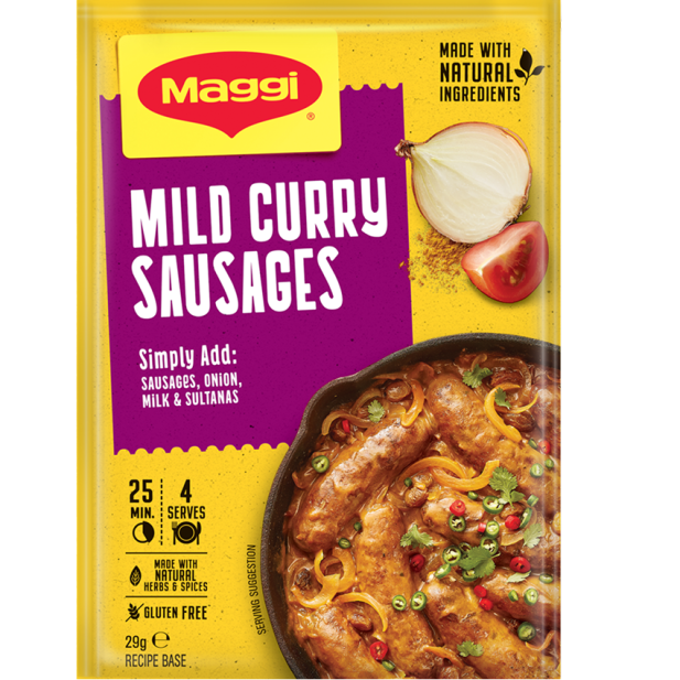 Maggi Mild Curry Sausages packaging with yellow and purple design.