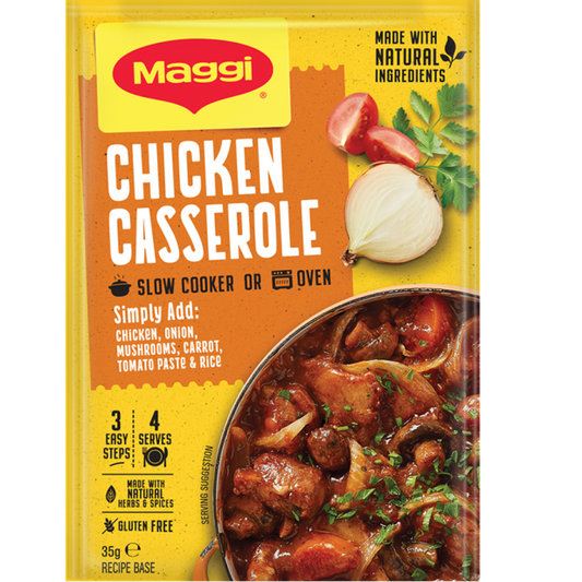Maggi Chicken Casserole packaging with ingredients and preparation instructions on a yellow background