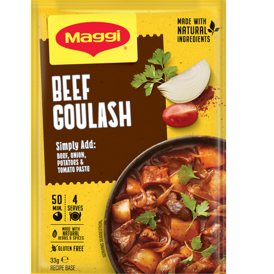 Maggi Beef Goulash packaging with a bowl of goulash on a yellow background