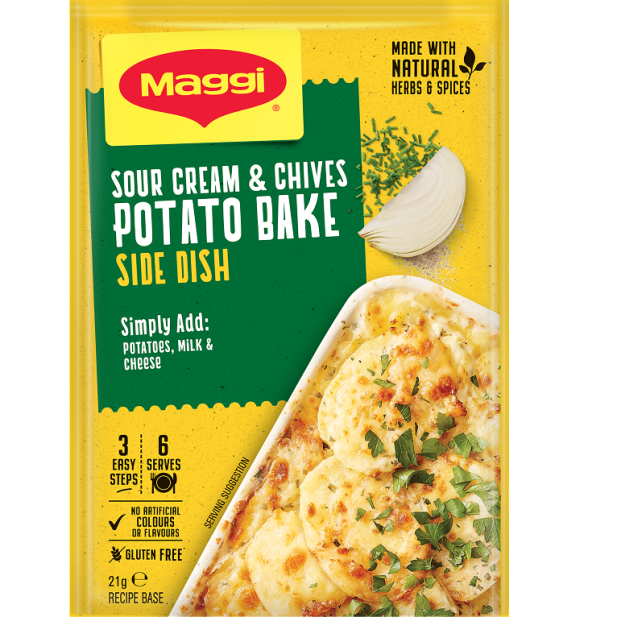 Maggi Sour Cream & Chives Potato Bake side dish packaging on a white background