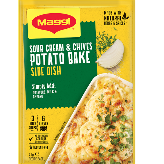 Maggi Sour Cream & Chives Potato Bake side dish packaging on a white background