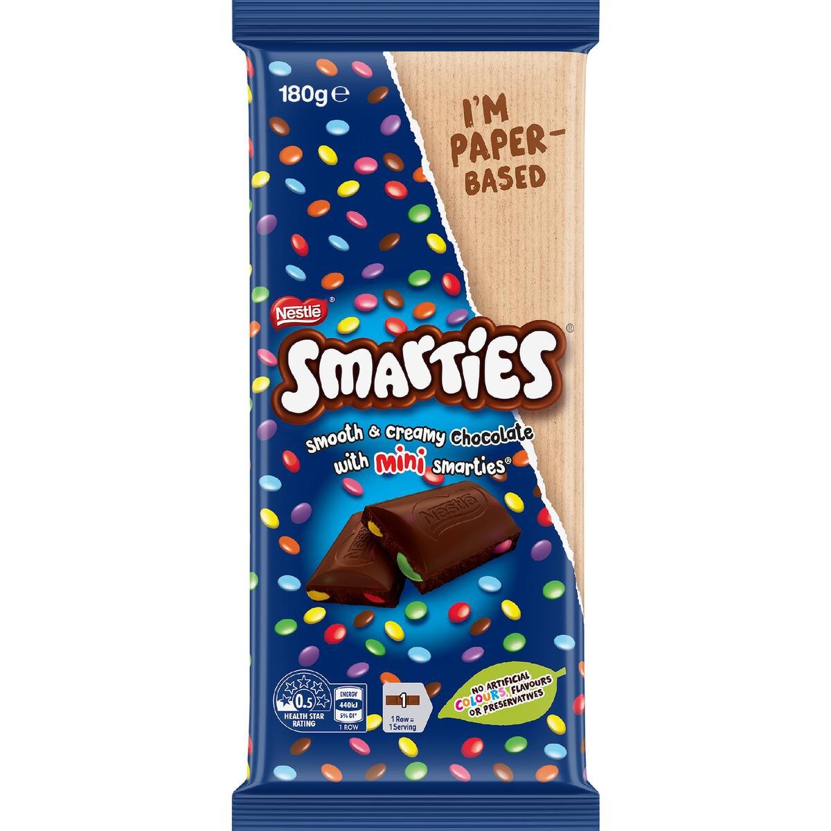 Smarties chocolate bar packaging with colorful design and Nestle logo.
