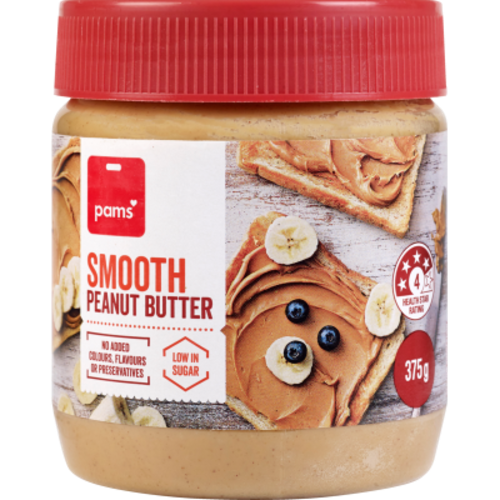 A 375g jar of Pams Smooth Peanut Butter on a white background. The jar has a red screw-top lid and a label showing peanut butter on toast with banana slices and blueberries.