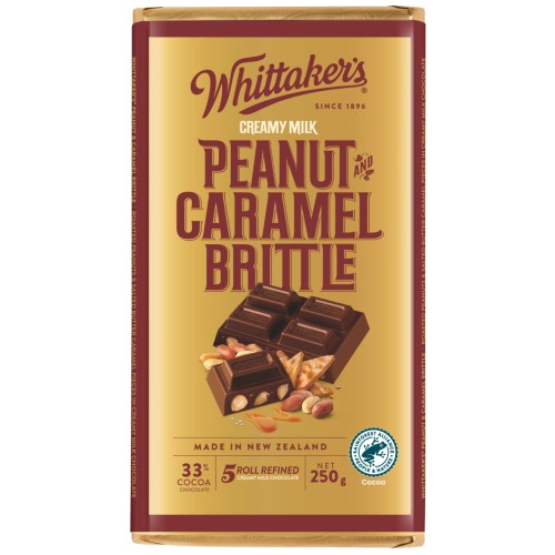Whittaker’s Peanut and Caramel Brittle Chocolate Block 250g creamy New Zealand milk chocolate with peanuts and caramel brittle gold packaging available in the USA