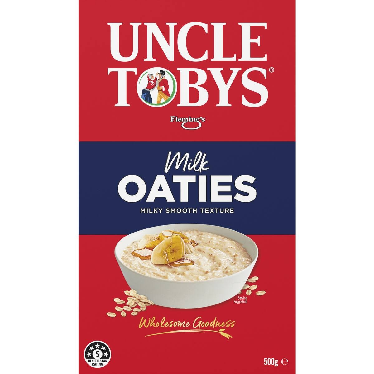 Front of a Uncle Tobys Flemings Milk Oaties 500g box, featuring a red and navy blue design with a bowl of oatmeal and banana on the front.
