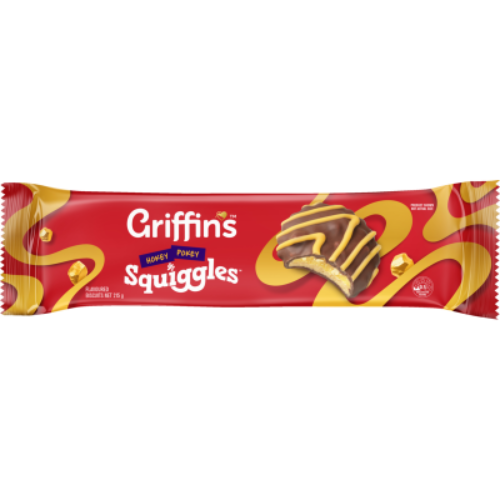 Griffins Squiggles Hokey Pokey 215g chocolate biscuits with honeycomb creme and yellow chocolate squiggles.