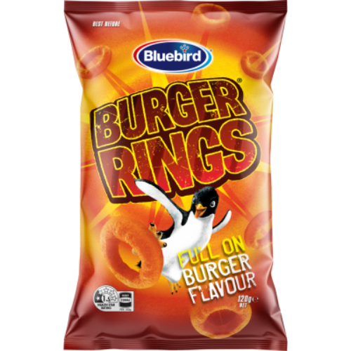 Bluebird Burger Rings 120g bag of crunchy corn snacks with full on burger flavour from New Zealand