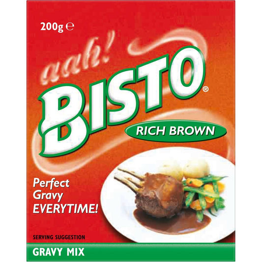 Bisto Rich Brown Gravy Mix packaging instant savoury gravy powder for roasts and comfort meals available in the USA and worldwide
