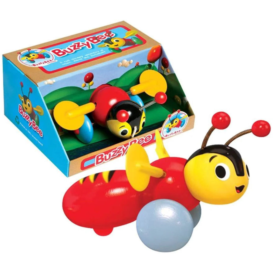 Genuine Buzzy Bee Pull Along wooden toy with spinning wings and clicking sound for toddlers.