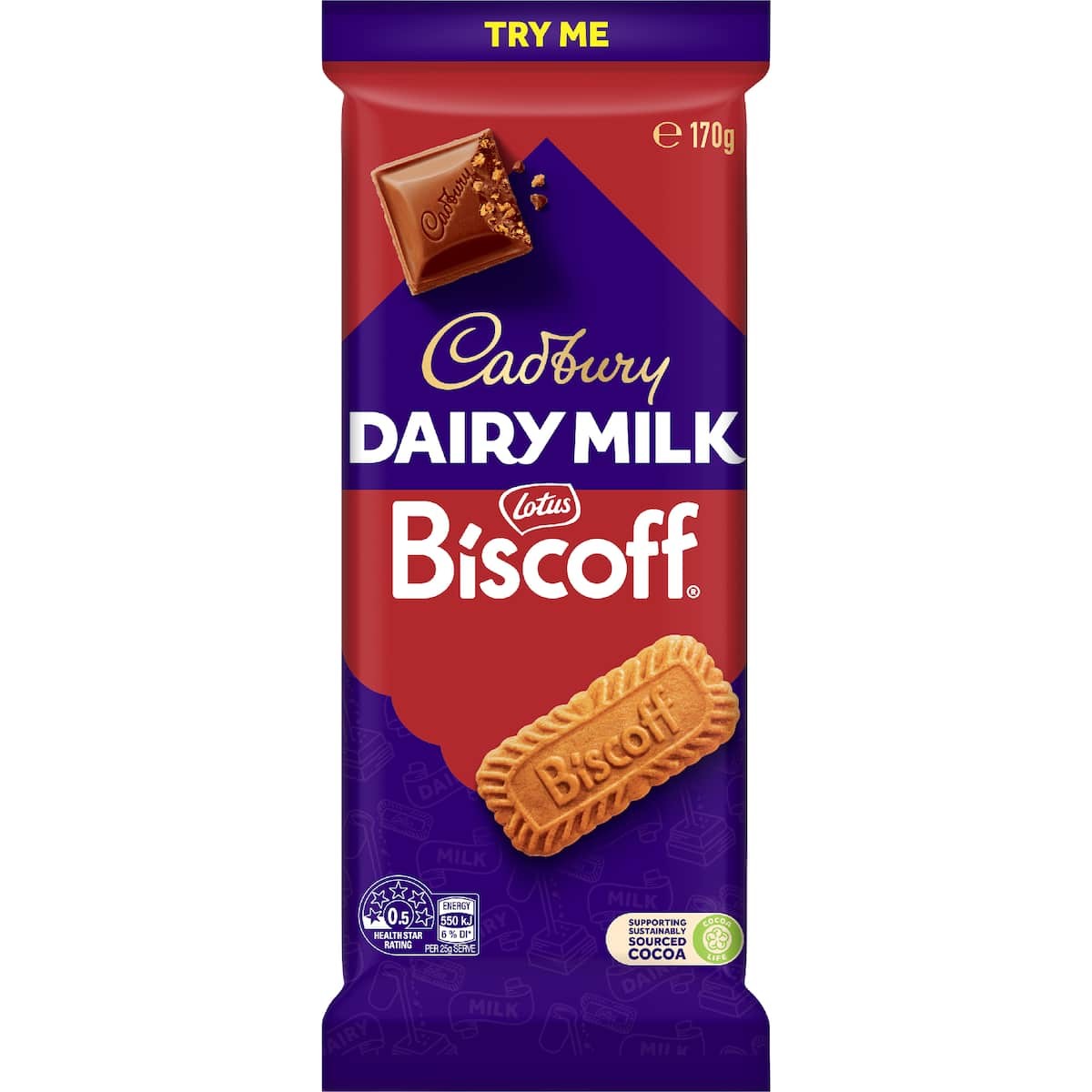 Cadbury Dairy Milk Biscoff Chocolate Block 170g bar featuring creamy New Zealand milk chocolate with caramelized Biscoff biscuit pieces