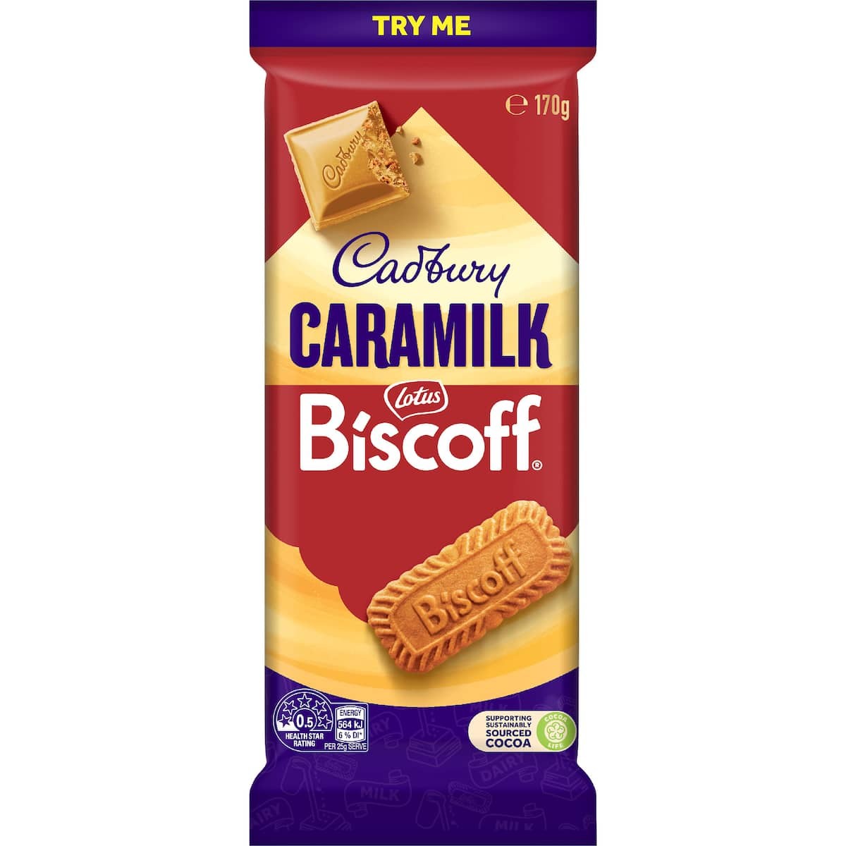Cadbury Dairy Milk Caramilk Biscoff Chocolate Block 170g bar featuring caramelized white chocolate with Lotus Biscoff biscuit pieces