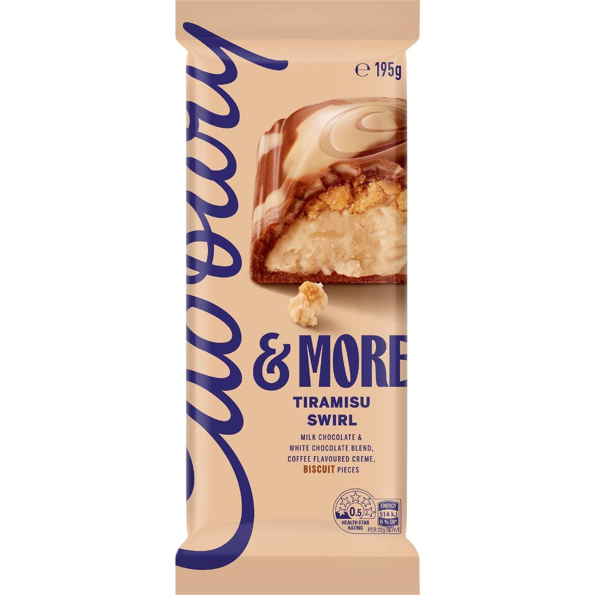 Cadbury More Tiramisu Swirl milk chocolate block with creamy coffee flavored swirls and biscuit pieces from New Zealand.
