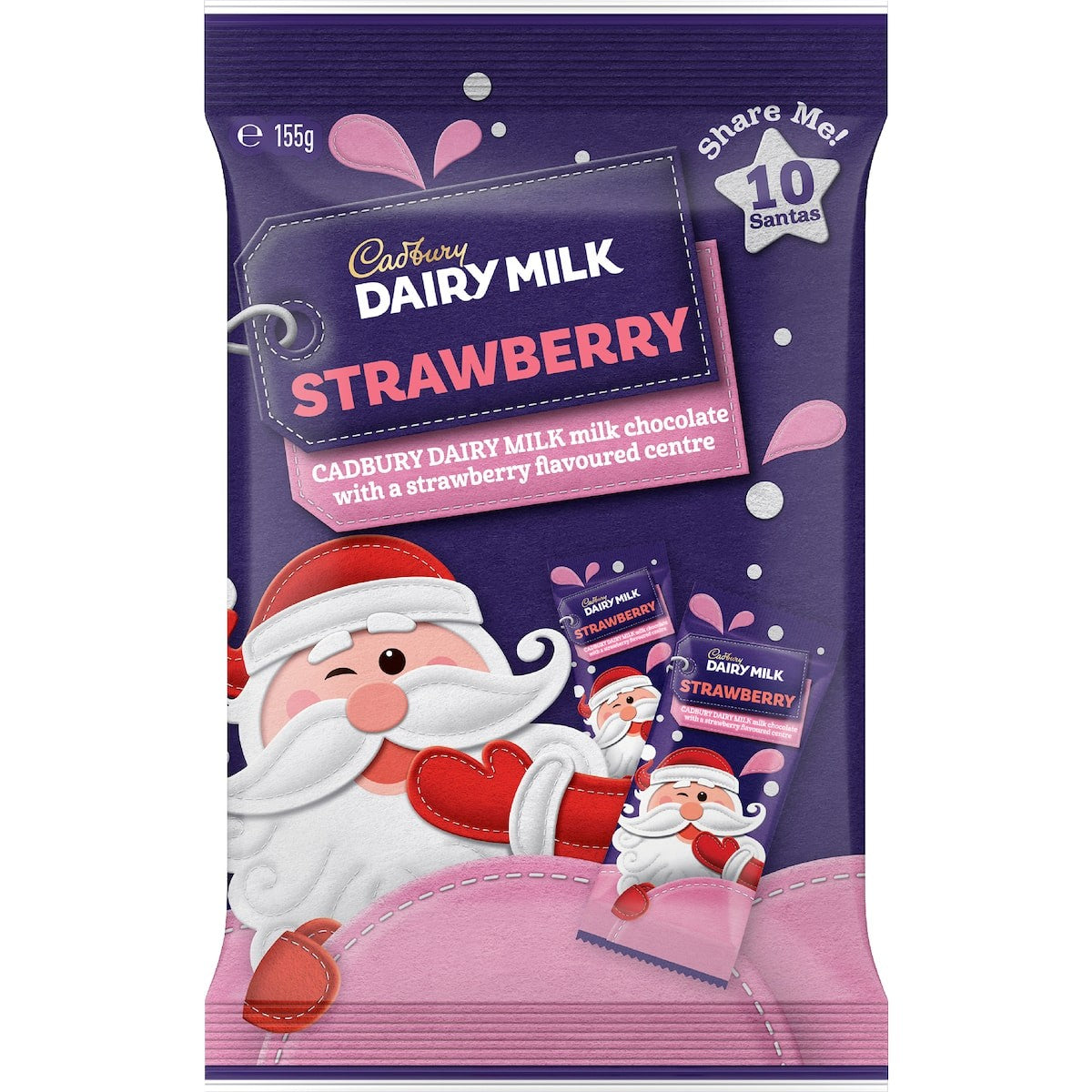 Cadbury Strawberry Santa 10 pack 155g sharepack featuring Santa-shaped milk chocolates with strawberry filling.