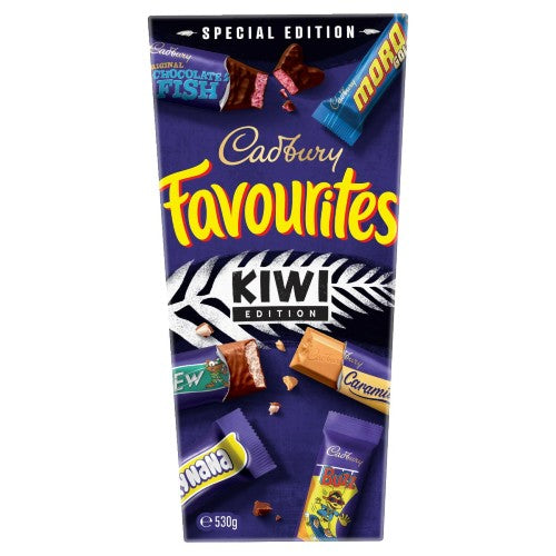 Cadbury Favourites Kiwi Edition 520g box featuring assorted NZ chocolate bars