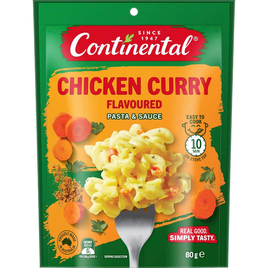 Packaging of Continental Chicken Curry Flavoured Pasta & Sauce on a white background