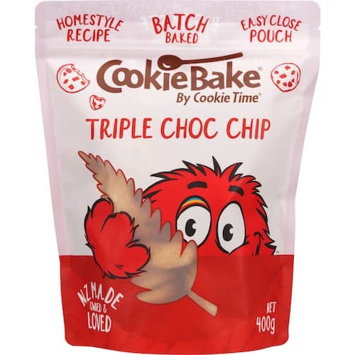 Cookie Bake by Cookie Time Triple Choc Chip Cookies 400g pack showing batch baked New Zealand chocolate biscuits