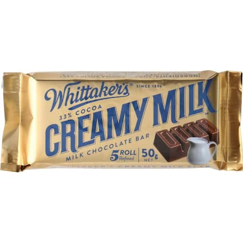 Whittaker’s Creamy Milk Chocolate Slab 50g smooth New Zealand milk chocolate snack size bar available in the USA and worldwide