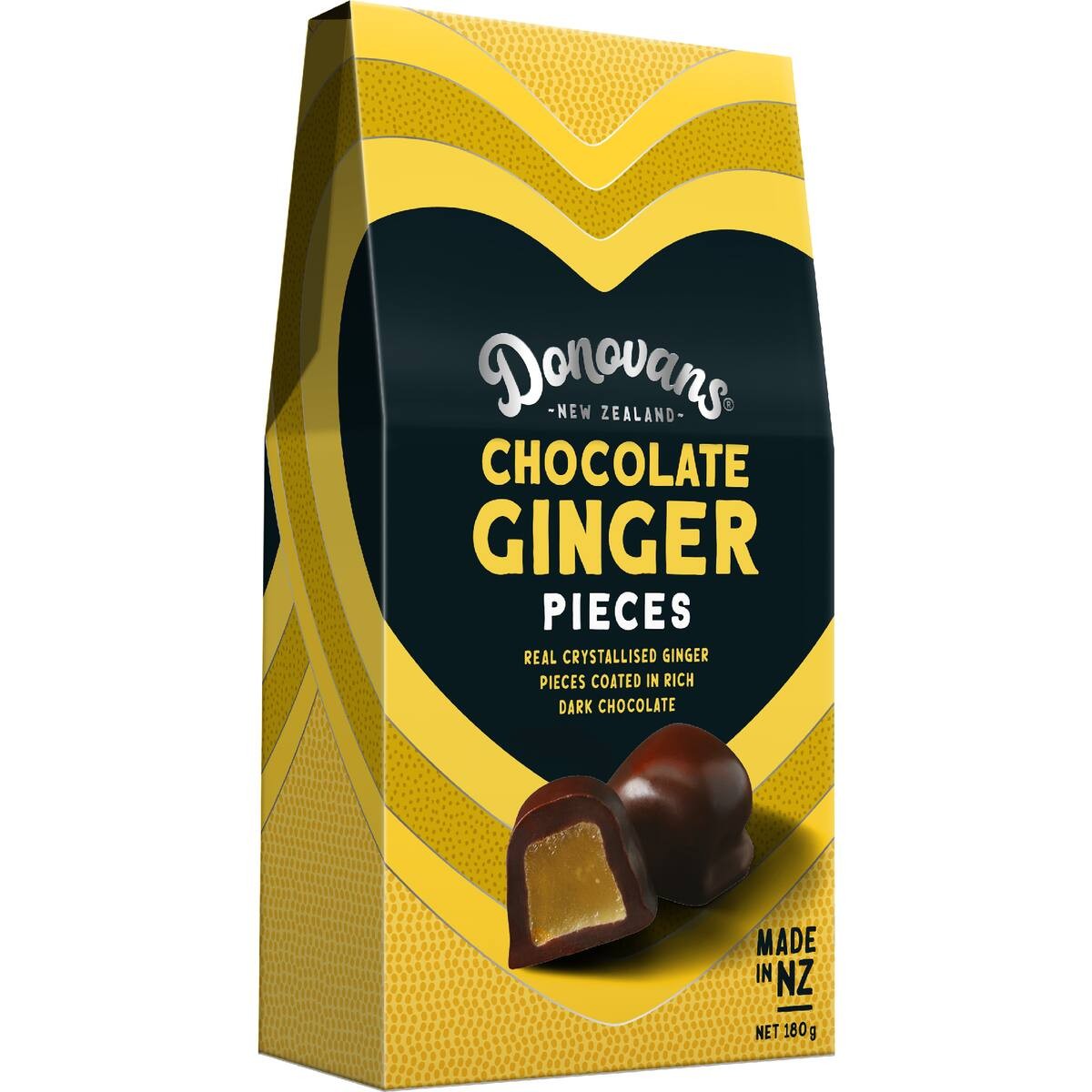Donovans Dark Chocolate Ginger Pieces 180g gift box featuring premium bittersweet dark chocolate covered crystallised ginger from New Zealand
