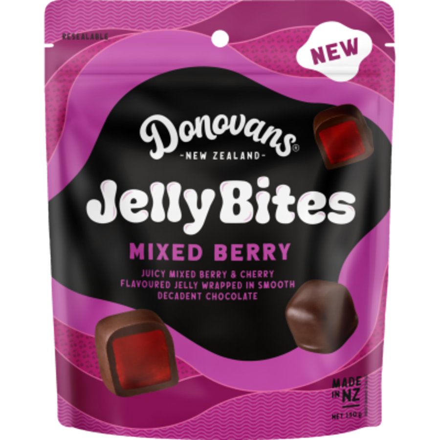Donovans Jelly Bites Mixed Berry 130g resealable bag of premium New Zealand chocolate covered fruit flavored jellies