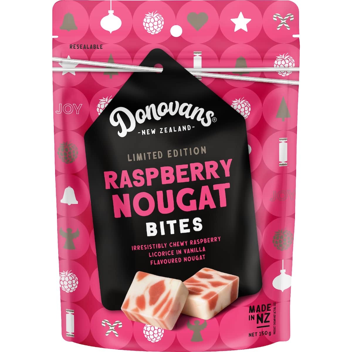 Donovans Nougat Raspberry 150g pack featuring chewy raspberry pieces in vanilla-flavoured nougat