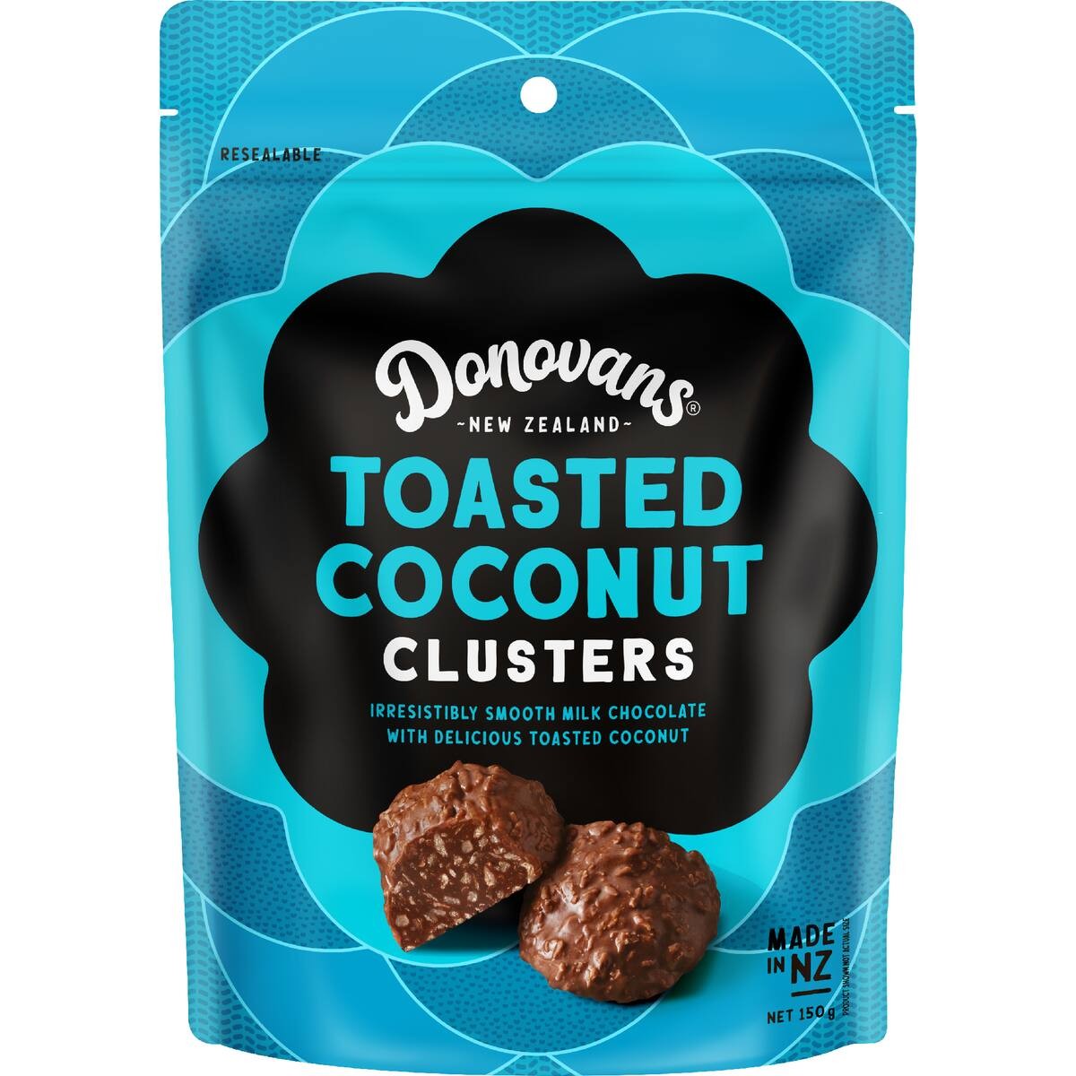 Donovans Toasted Coconut Clusters 150g bag featuring crunchy toasted coconut thread enrobed in smooth New Zealand milk chocolate