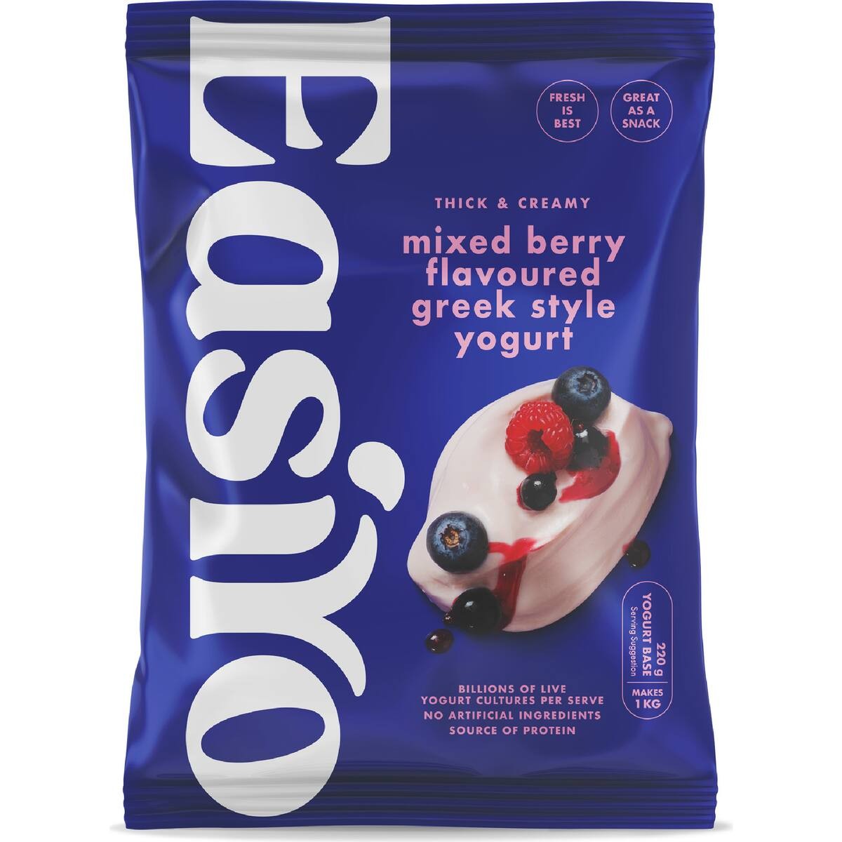 Easiyo Greek Style Mixed Berries Yoghurt 220g sachet for making fresh New Zealand yogurt at home.