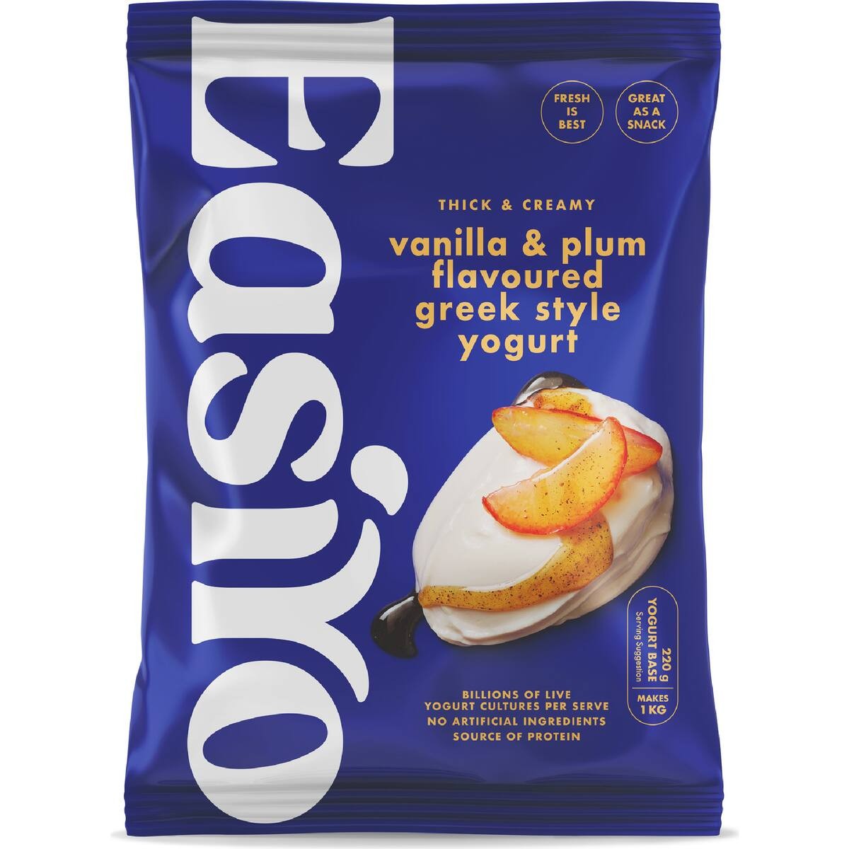 Easiyo Greek Style Vanilla with Plum Yoghurt 220g sachet for making fresh New Zealand yogurt at home.