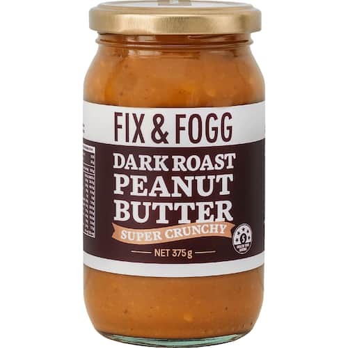 Fix and Fogg Dark Roast Crunchy Peanut Butter 375g jar made in New Zealand with roasted peanuts and sea salt