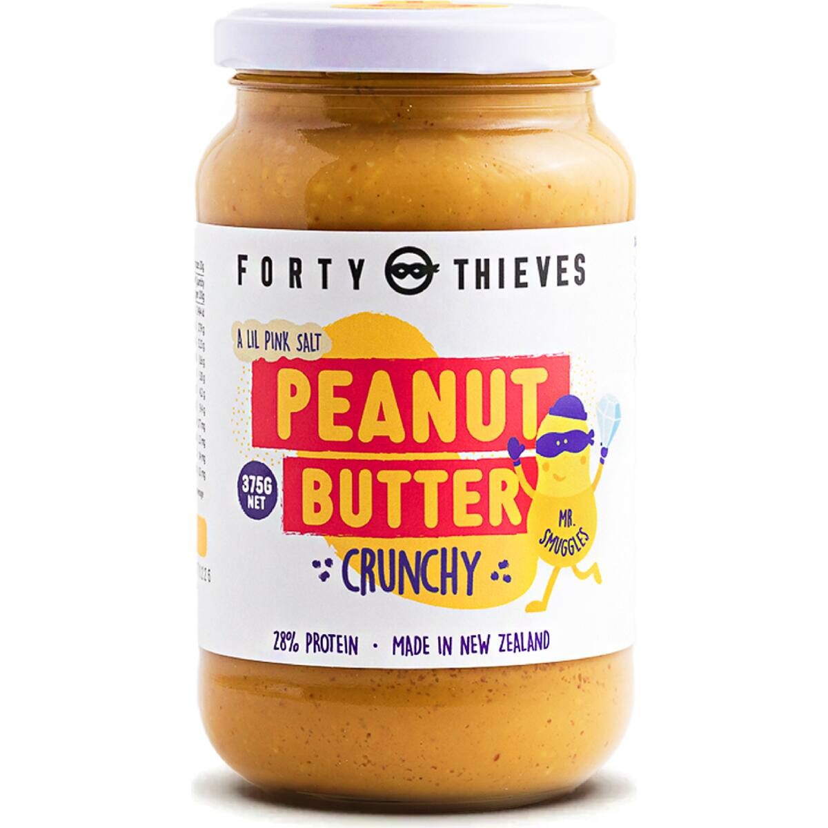 375g jar of Forty Thieves Crunchy Peanut Butter made with roasted hi-oleic peanuts and Himalayan salt from New Zealand.