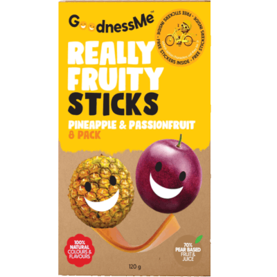 GoodnessMe Pineapple and Passionfruit Really Fruity Organic Fruit Sticks package displaying soft organic snack bars
