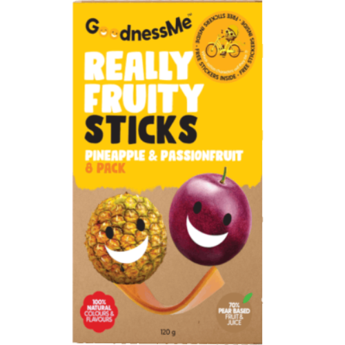 GoodnessMe Pineapple and Passionfruit Really Fruity Organic Fruit Sticks package displaying soft organic snack bars