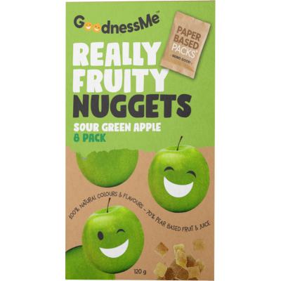 GoodnessMe Sour Green Apple Nuggets fruit snack box showing chewy bite sized fruit pieces
