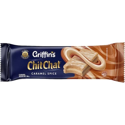 A 200g pack of Griffins Chit Chat Caramel Spice Biscuits featuring caramel-infused crème between spiced biscuits coated in caramelised white chocolate.