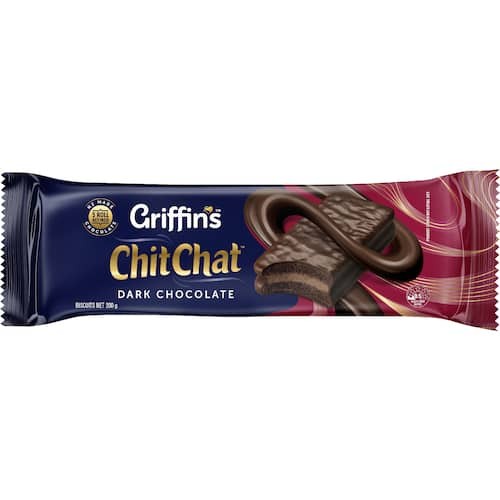 Griffin's Chit Chat Dark Chocolate Biscuits 200g pack showing crispy dark cocoa bikkies coated in rich New Zealand chocolate