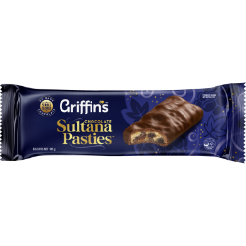 Griffin’s Chocolate Sultana Pasties 185g pack showing dark chocolate coated biscuits with a chewy fruit filling.