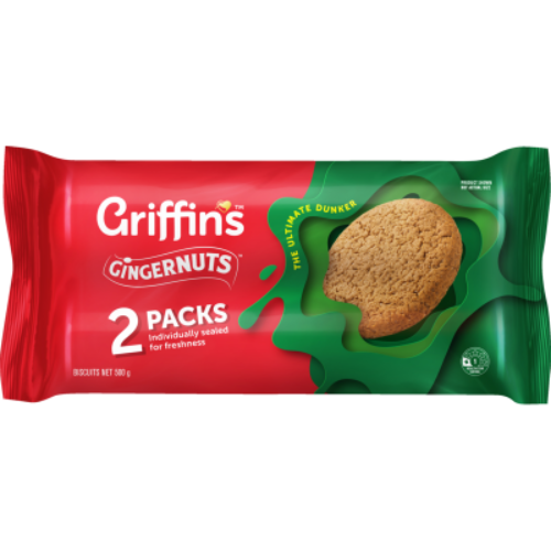 Griffins Gingernuts Twin Pack 500g featuring two packs of crunchy ginger biscuits for dunking in tea or coffee.