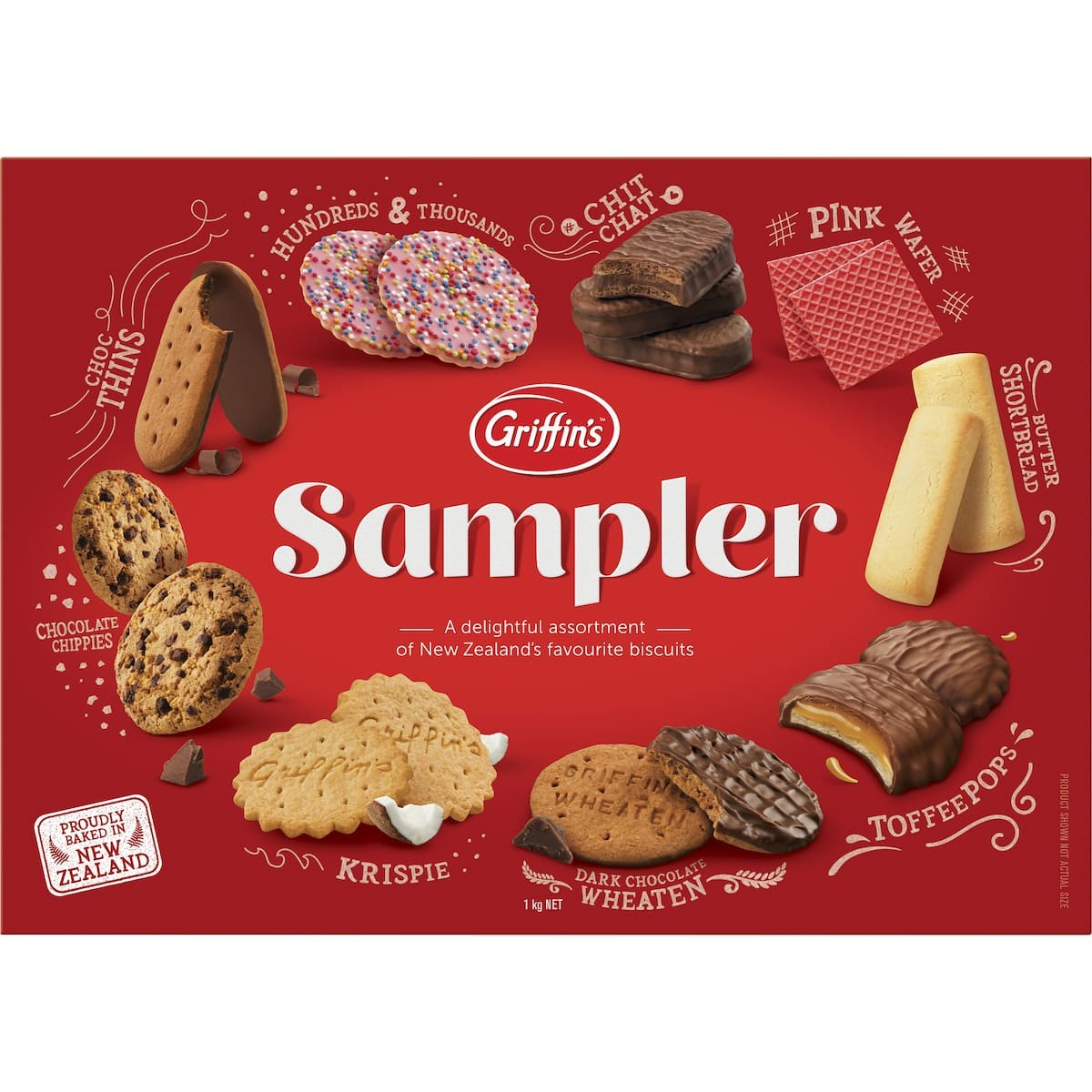 Griffins Sampler Biscuits Assortment 1kg box featuring an assortment of favorite New Zealand biscuits including Toffee Pops Chit Chat and Pink Wafer.